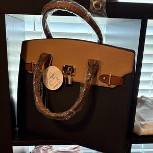 Two-Tone Black and Tan Structured Tote Bag